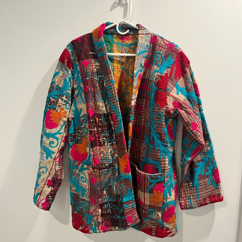 OOAK Kantha kimono with beautiful pops of blue and pink